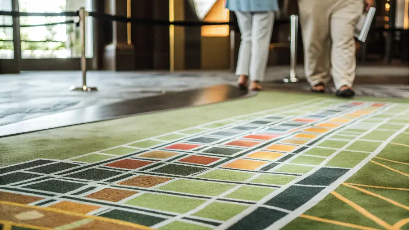 Casino floor heat map showing player density patterns and traffic flow analytics with color-coded zones