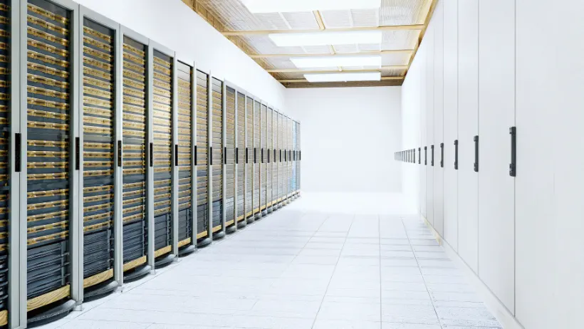 Modern data center server room with rows of computer equipment processing satellite data